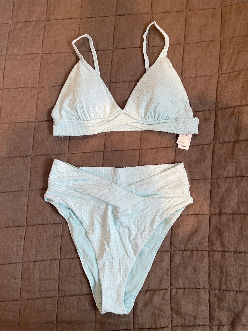 Light Blue Textured Bikini Set - Wireless Triangle Top & High Waist Bottoms